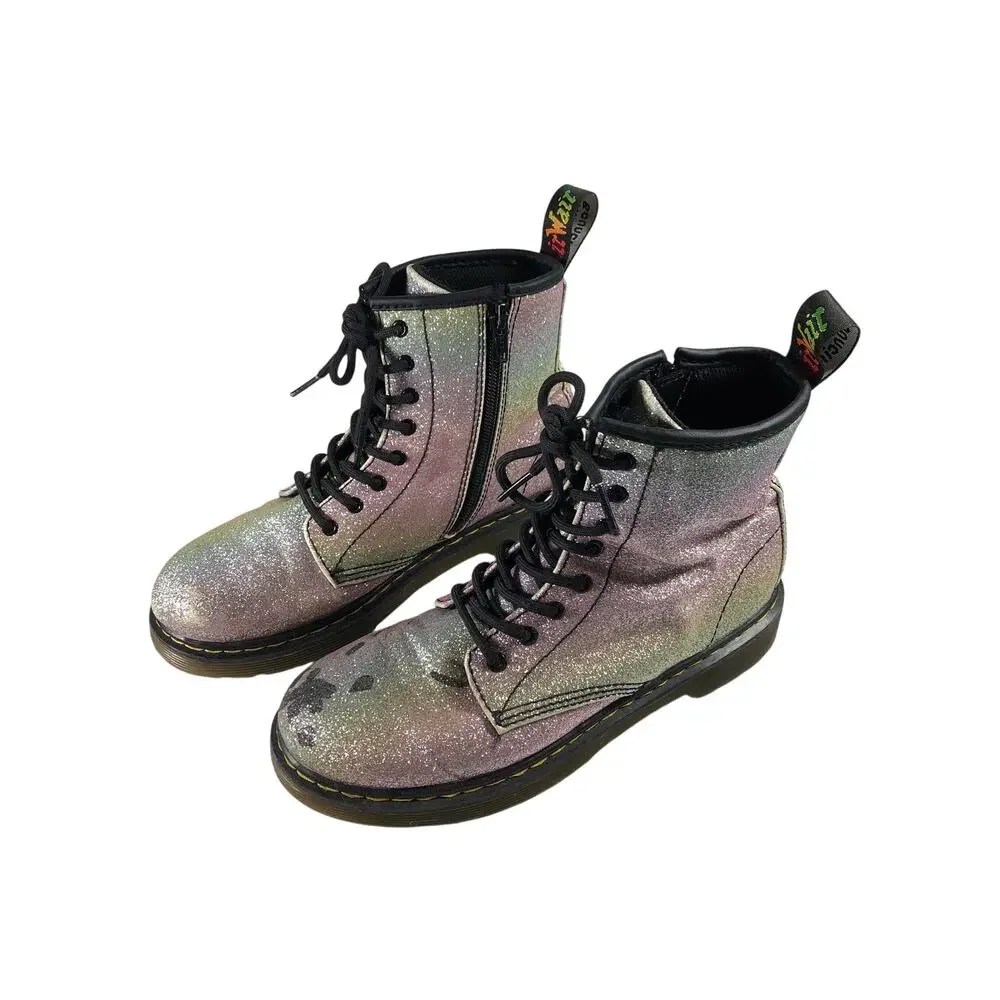 Dr. Martens Kids Pascal Rainbow Glitter Combat Boots 4M thrashed